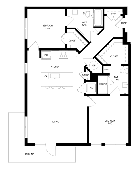 Floor plan for 2 beds, 2 baths, 1261 sqft